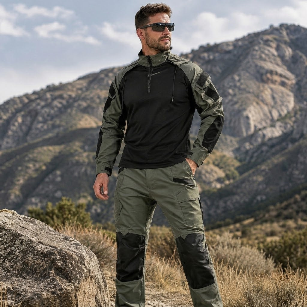 Driedelige tactische herenset – Sneldrogend shirt met capuchon, broek en riem