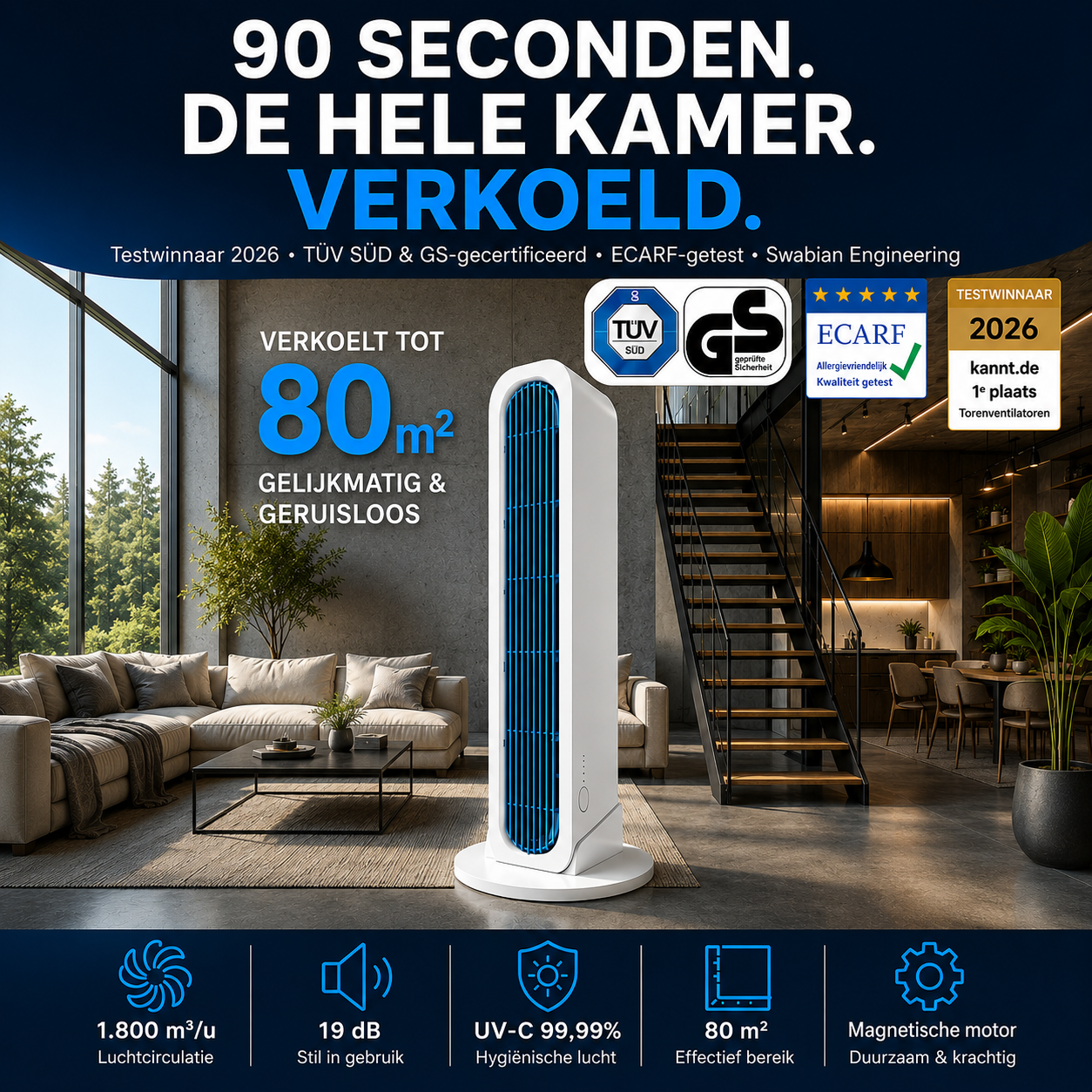 RapidCool Duo - Torenventilator die zowel staand als liggend kan worden gebruikt